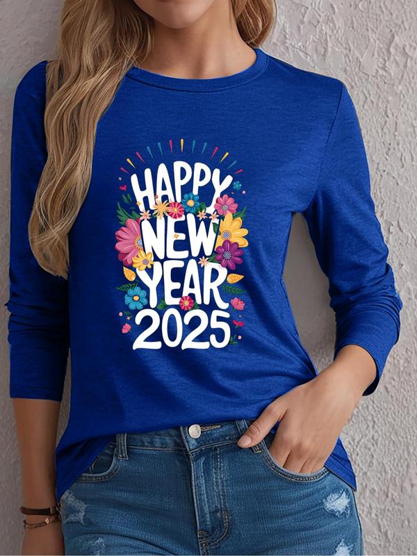 Women's Floral & Letter Print Round Neck Tee, Casual Long Sleeve Crew Neck T-Shirt for Spring & Fall, Fashion Women's Top for Daily Wear 5