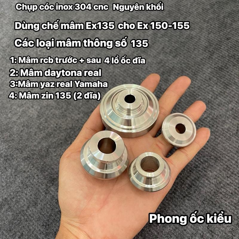 Chụp cóc - canh bánh ( inox 304 )dành chế mâm Ex 135 cho Ex 150 155 ...Hàng CNC , làm thông số chuẩn , gắn như zin  , không chế cháo , sử dụng được phốt cao su .. Lưu ý : Đọc mô tả trước khi mua Phụ Kiện Phụ Tùng Inox