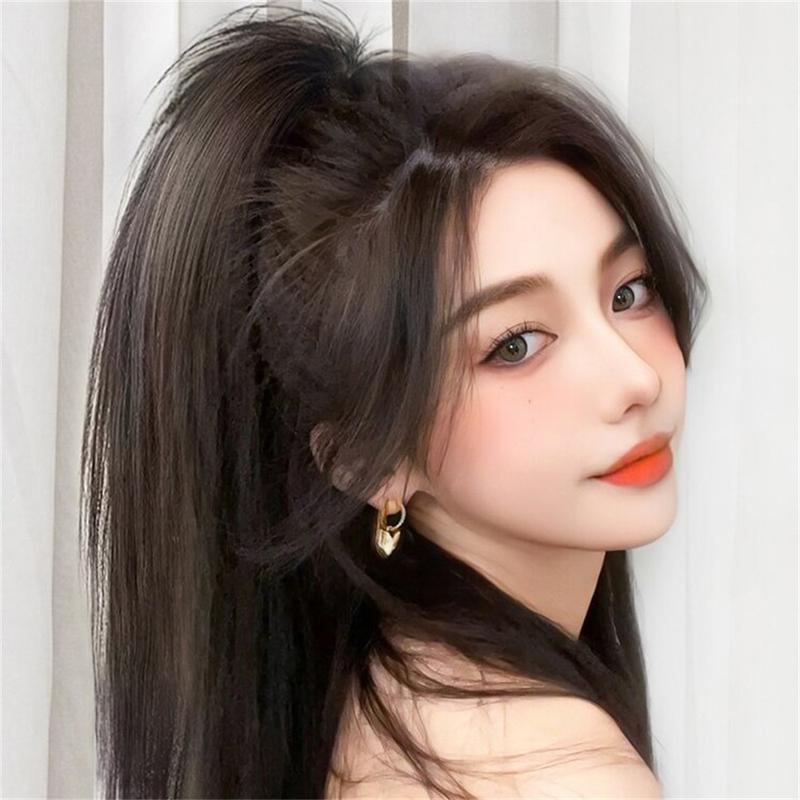 Fashion 40cm Lazy Invisible Long Hair with Grab Clip Ponytail Natural Extension Straight Hair Wig Waterfall Half-Tie High Wig 4
