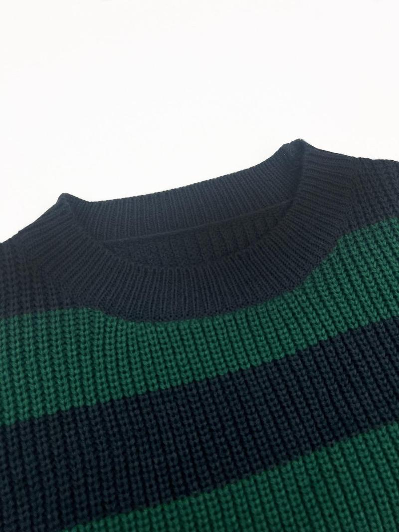Product Introduction of Women's Colorblock Striped Print Drop Shoulder Sweater, Casual Long Sleeve Round Neck Jumper for Fall & Winter, Fashion Ladies' Knitwear for Daily Wear 7
