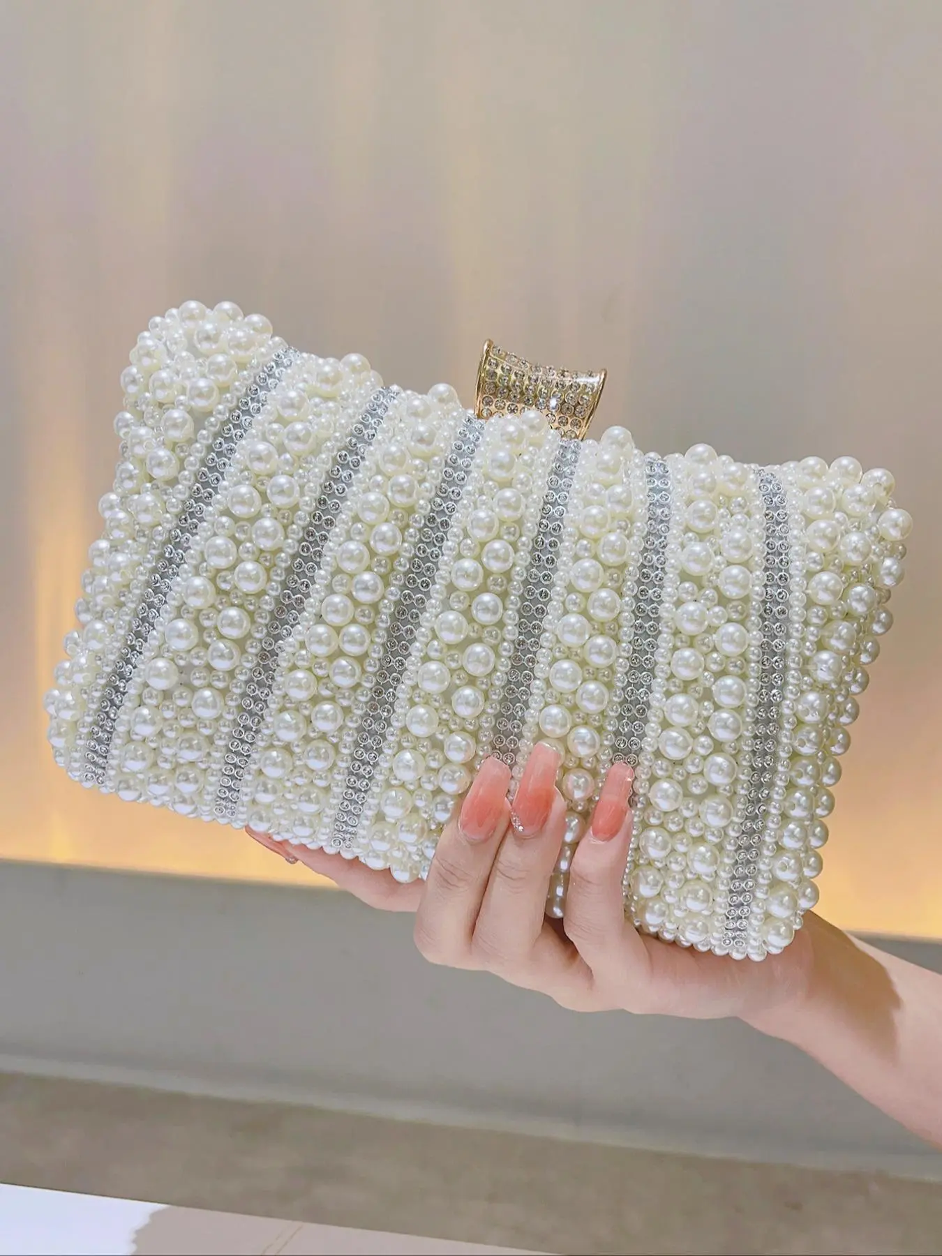 2024 New Trendy Faux Pearl Decorated Evening Bag, Elegant Rhinestone Embellished Clutch Purse for Wedding Party, Banquet, Matching Luxury Bag for Women
