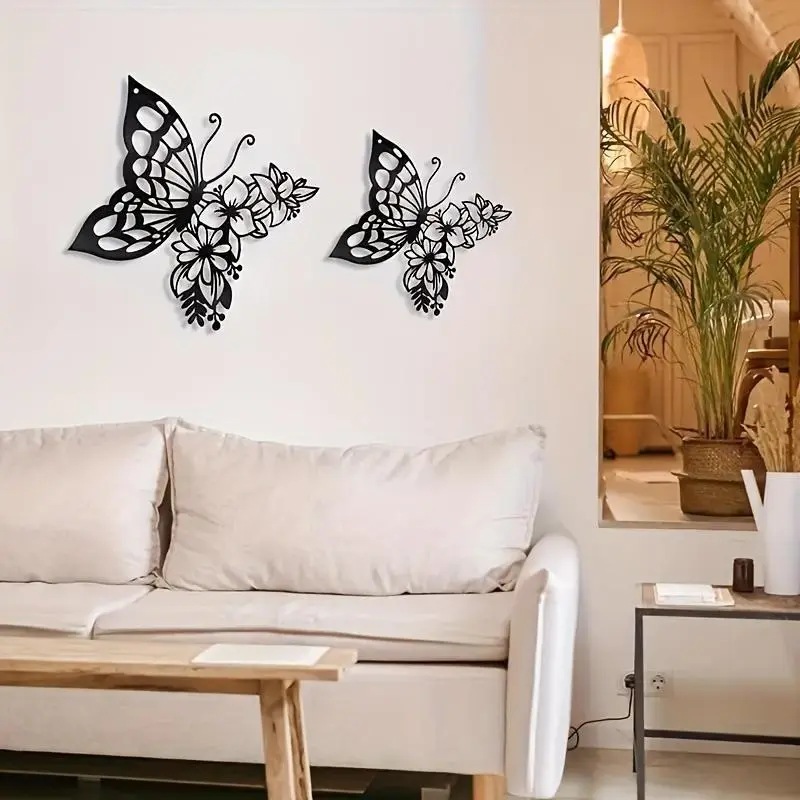 Butterfly & Flower Design Wall Decor, 1 Count Metal Wall Art, Wall Hanging Decor for Home Living Room Bedroom Study Room Outdoor Garden, Hangable