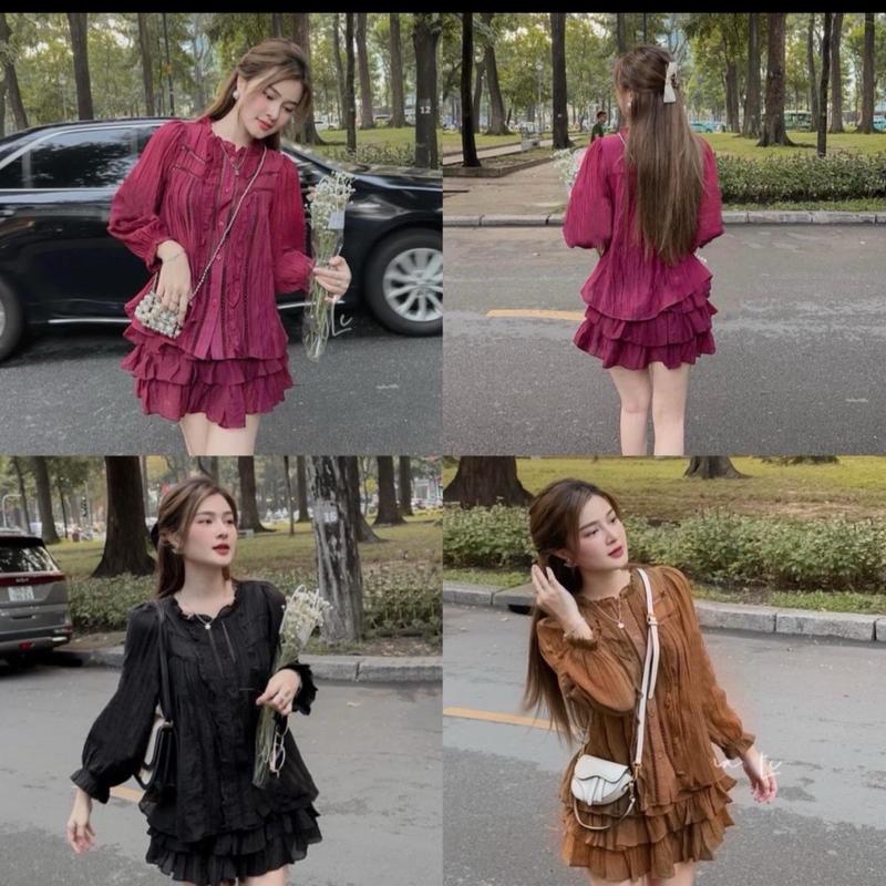 {BIGSIZE 40-90KG} SET BỘ BABYDOLL TAY PHỒNG PHỐI REN KÈM QUẦN GIẢ CHÂN VÁY SIÊU CƯNG (CHẤT LIỆU LỤA TƠ TẰM MỀM MỊN - CÓ LÓT)  Nhung Women Voi Top Kem Áo Đen