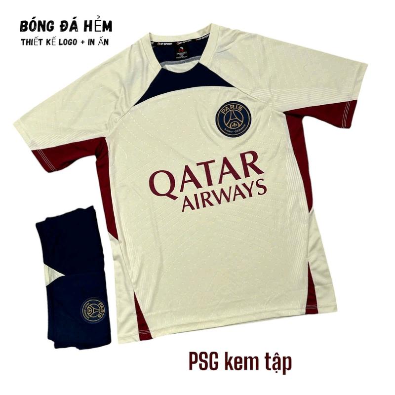 Bộ quần áo bóng đá PSG vàng kem, đồ đá banh psg, Unisex Top Sport Nam Nữ thể thao