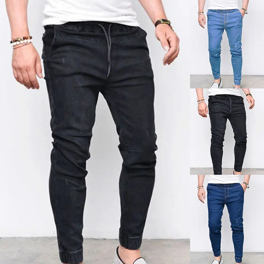 [Honbata] Plus Size Men Jogger Skinny Pants Elastic Waist Pencil Jeans Denim Trousers