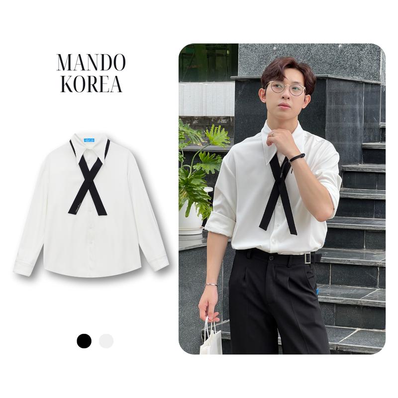 SHT025 Áo Sơ Mi Trắng Dài Tay MANDO Kèm Cà Vạt Bấm Cúc Chất Liệu Vải Chéo Hàn Thiết Kế Cổ Áo To Bản Cá Tính Menswear Shirt Có Cổ