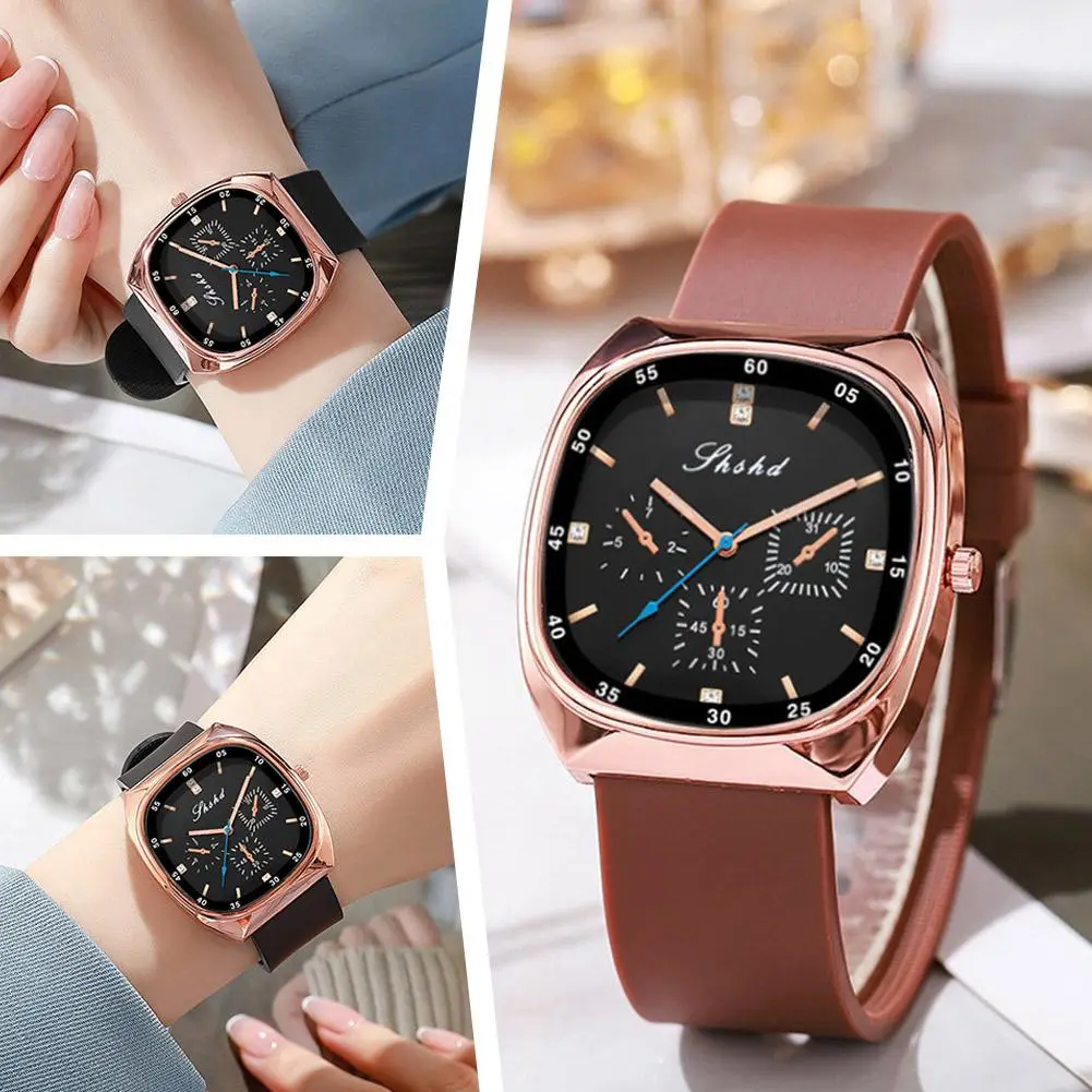 Poshi Waterproof Fashion Korean Quartz Women's Watch Square Dial Genuine Silicone Strap Elegant Watch