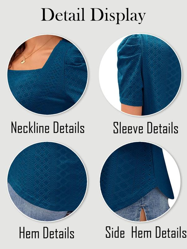 Women's Plain Eyelet Embroidery Puff Sleeve Tee, Fashion Casual Short Sleeve Square Neck T-shirt for Summer, Women's Top for Daily Wear, Womenswear 8