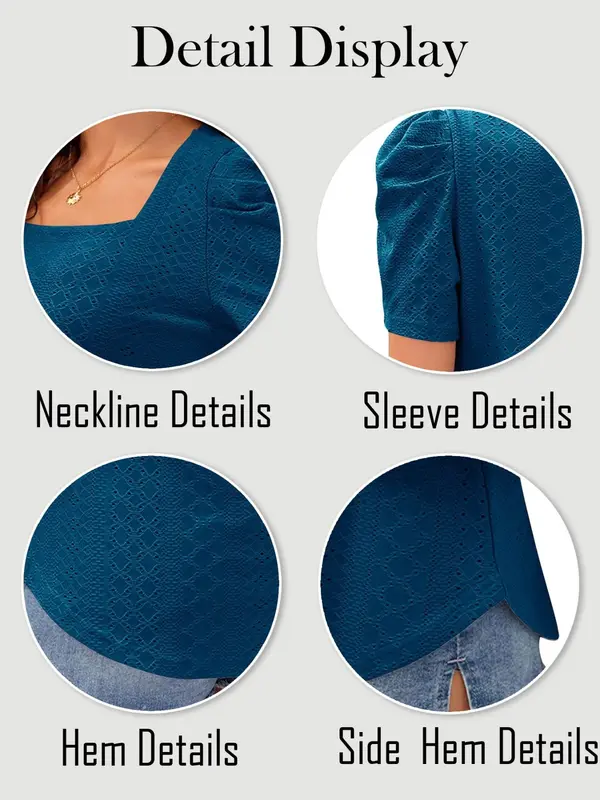 Women's Plain Eyelet Embroidery Puff Sleeve Tee, Fashion Casual Short Sleeve Square Neck T-shirt for Summer, Women's Top for Daily Wear, Womenswear 8
