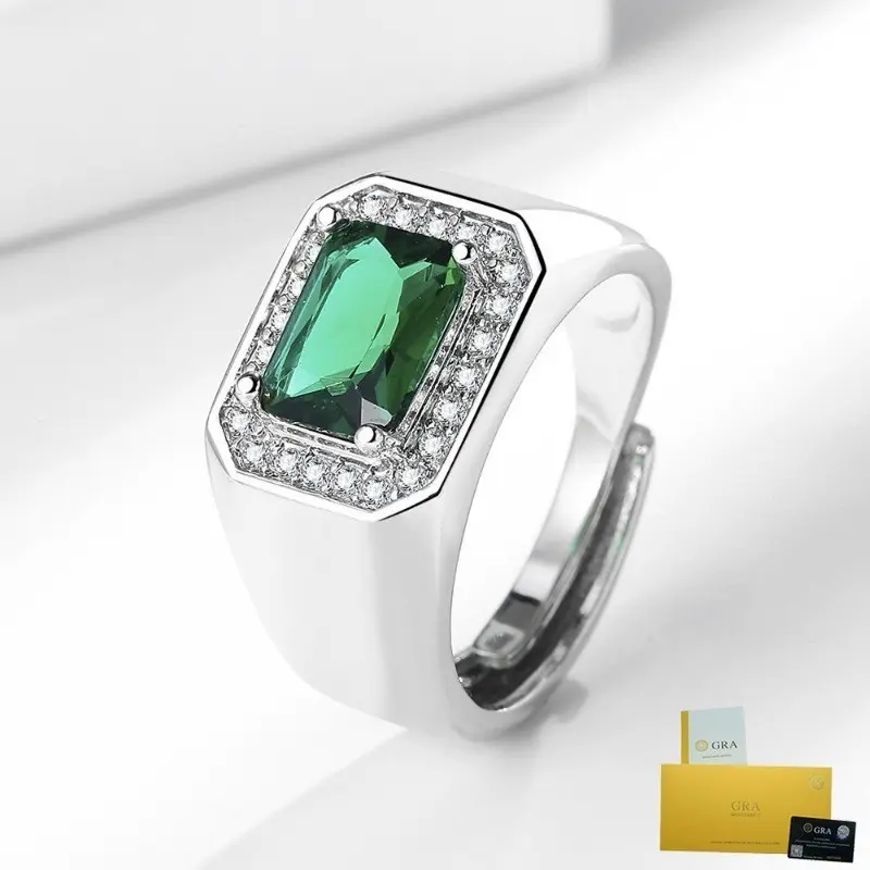 [With Gra Certificate]  New Square Emerald Hot Sale Colored Gems Fashion Men 925 Silver Ring