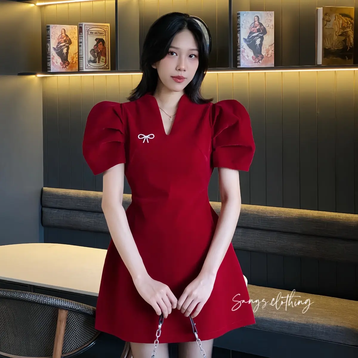 VÁY NHUNG ĐỎ TAY PHỒNG CỔ CHỮ V SANG CHẢNH -By Sanys Nữ Women vaytet