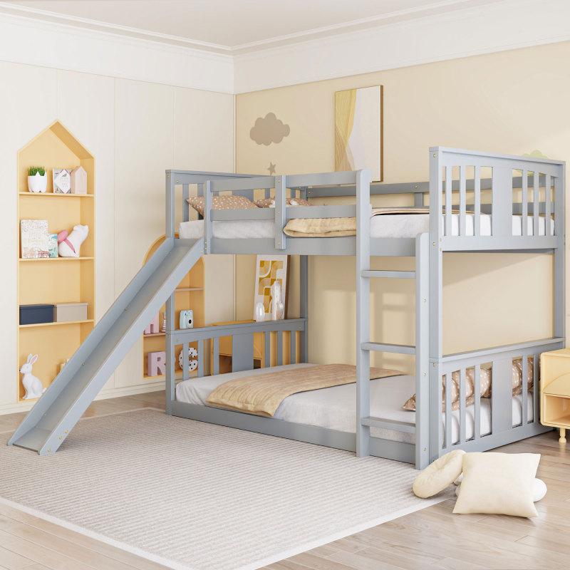 Twin Over Twin Bunk Bed with Slide and Ladder, Wooden Low Bunk Bed ...