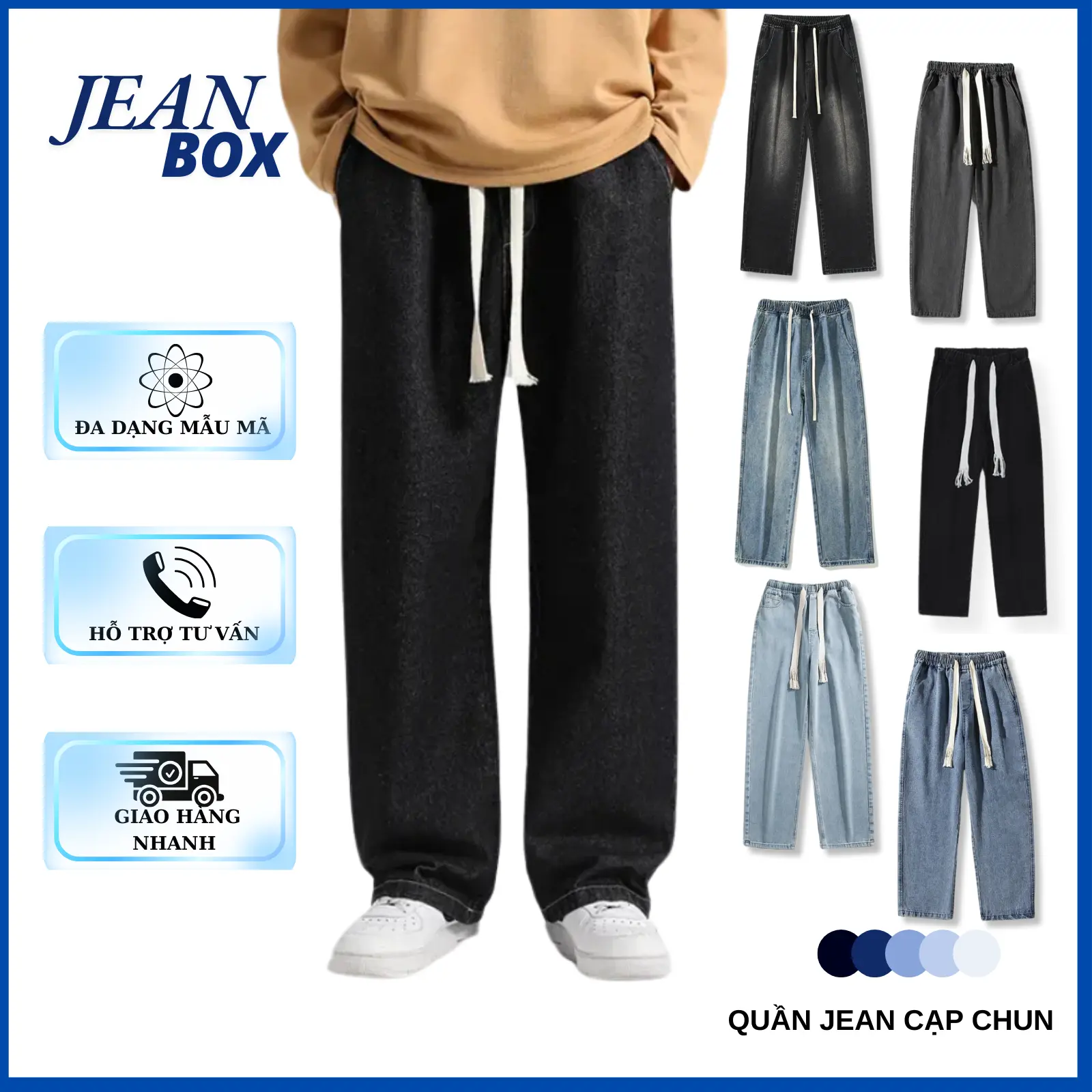 Quần jean ống suông nam nữ JEAN BOX 09 cạp chun form che khuyết điểm,dễ dàng phối đồ Menswear Ong Pants Có Túi - Đen