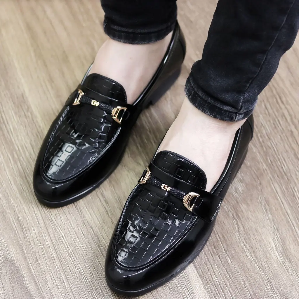 Giày lười nam - giày nam cao cấp, da bóng in vân caro vuông, đế cao su chống trơn trượt, phù hợp đi chơi, dự tiệc