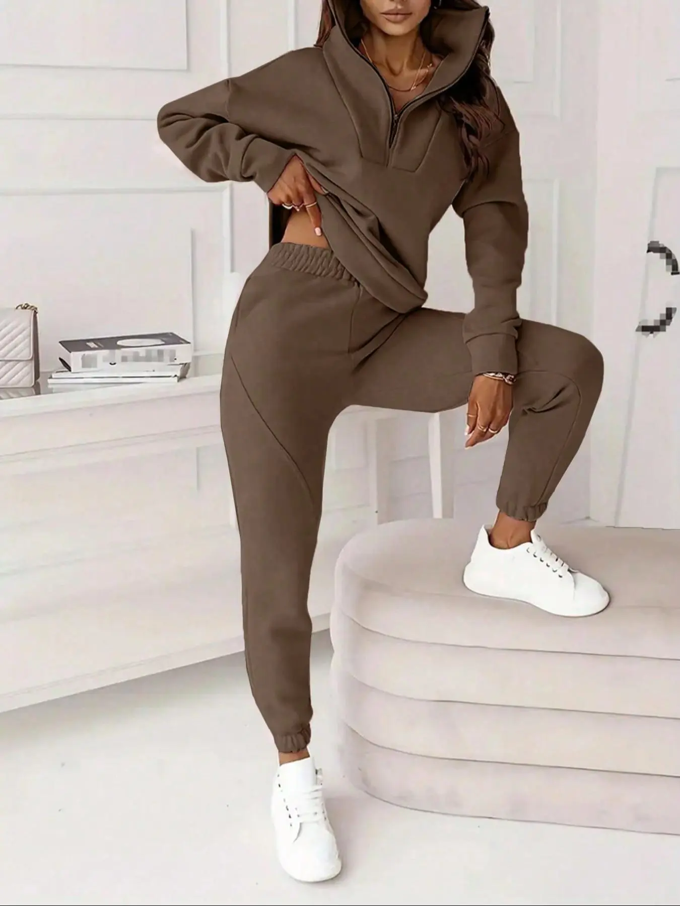 Two-piece Set Women's Solid Drop Shoulder Zip Up Sweatshirt & Pocket Elastic Waist Sweatpants, Casual Fashion Cozy Breathable Two Piece Outfits for Daily Outdoor Wear, Co-ord Sets, Women Lounge Clothes for Fall & Winter