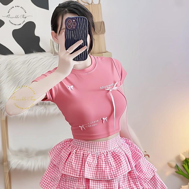Product Introduction of Áo Croptop Borip Basic Ôm Body In Chữ "I Don't Chase" Đính Nơ Dài, MLS11, Women Thun Sen Sò Hoa Sen Trắng Kem Tre Cổ Tròn Dáng Ngắn 28