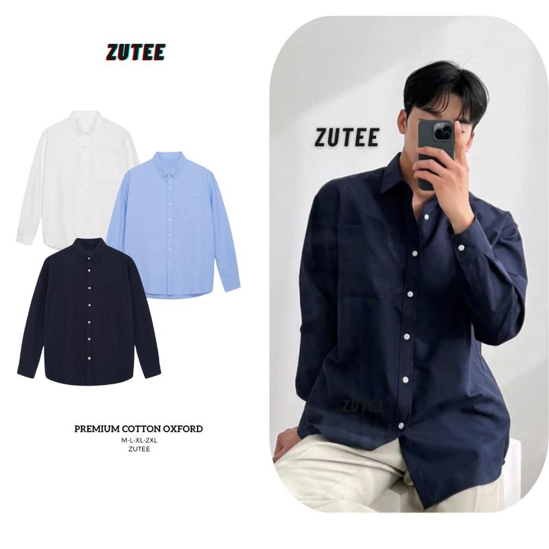 Áo Sơ Mi Cổ Bẻ Tay Dài Oxford Nam Nữ Hàn Quốc ZUTEE 2024 Form Rộng.3 màu Trắng -XAnh Than -XAnh Nhạt. Menswear Cổ Tròn