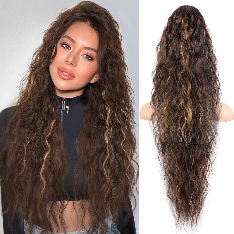 28 Inch Long Wave Claw Clip on Ponytail Hair Extension, Heat Resistant Fake Pony Tail Hair Piece for Women, Synthetic Hair Extensions for Daily Party k  tip  22  inch  extensions ponytail   Wavy long   lulla  bellz  extensions   hair  cosplay brown  wig 1