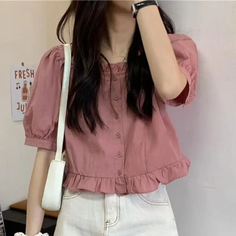 Puff Lengan Kemeja Blouse Korea Atasan Lengan Pendek Korean Style
