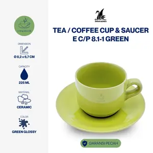 Lucky Cangkir Keramik Gagang Set Tatakan Motif Polos Warna Hijau Kilap Diameter 8,2 cm Kapasitas 225 ml Minimalis Modern Minimalist Ceramic Cup & Saucer Green Glossy Gelas Mug Porselen Porcelain Beling Stoneware Teh Kopi Tea Coffee Espresso
