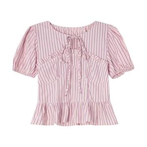 Bộ áo sơ mi kẻ sọc phong cách Pháp nữ, tay ngắn phồng mới cho mùa hè, thiết kế thanh lịch và tinh tế, kiểu dáng độc đáo.