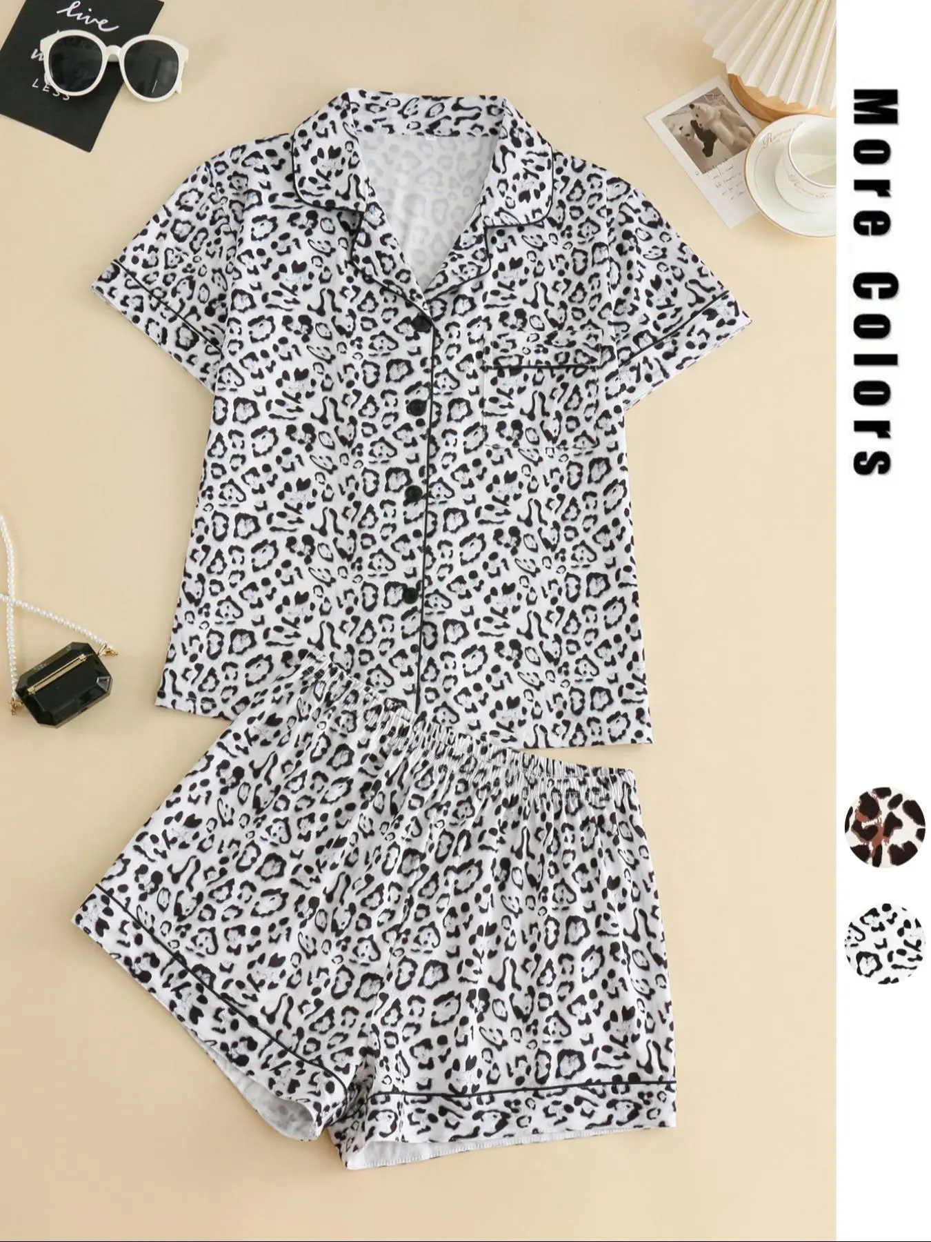 Two-Piece Set Women's Leopard Print Lapel Neck Pocket Shirt & Elastic Waist Shorts Pyjama, Casual Comfy Button Front Short Sleeve Top & Shorts PJ Set, Ladies Summer Sleepwear