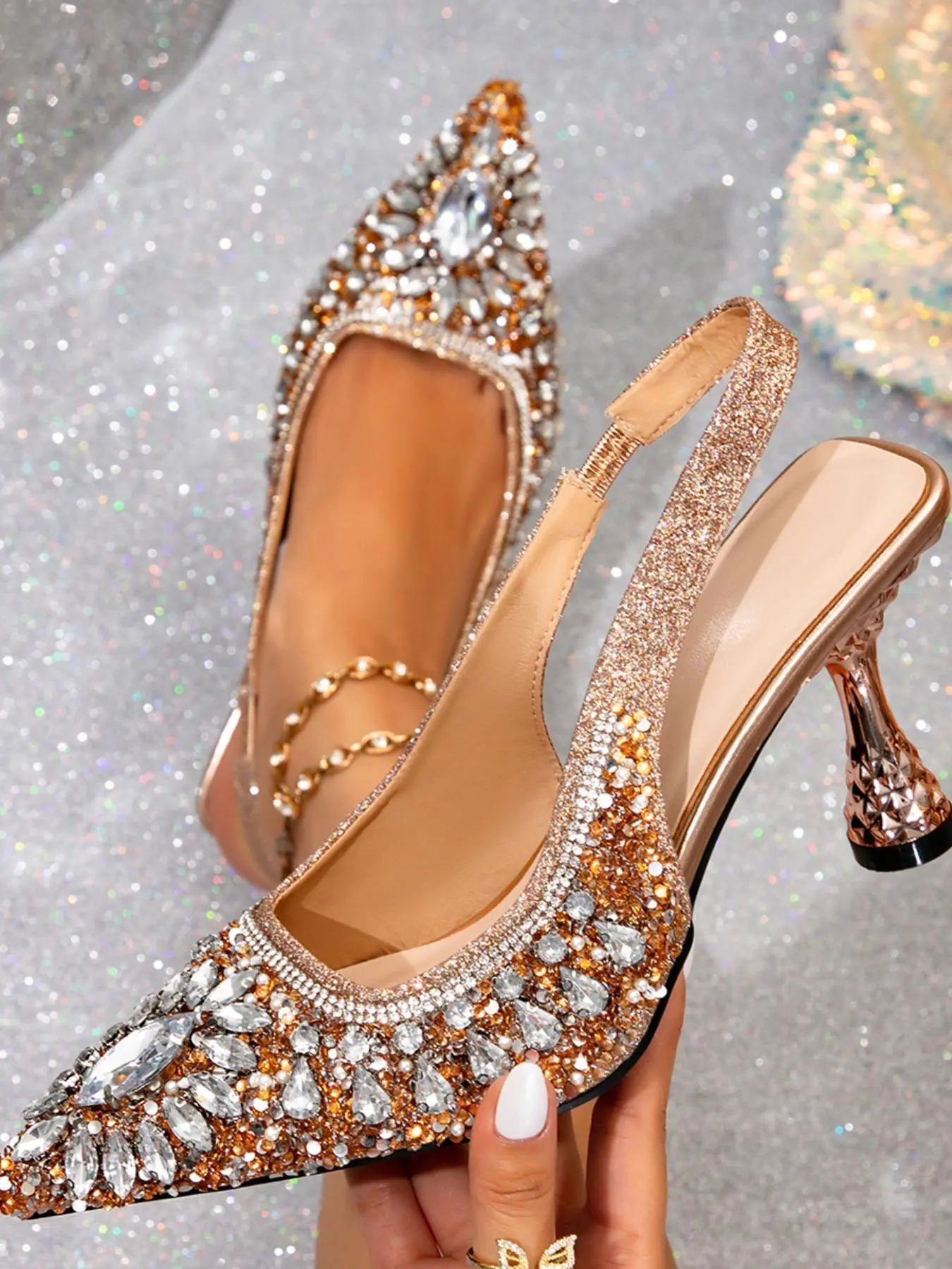 Women's Elegant Rhinestone Decorated  Slip on Heels, Exquisite Trendy Pointed Toe High Heels, Fashionable Shoes for Party & Wedding & Dance, Prom Sandals
