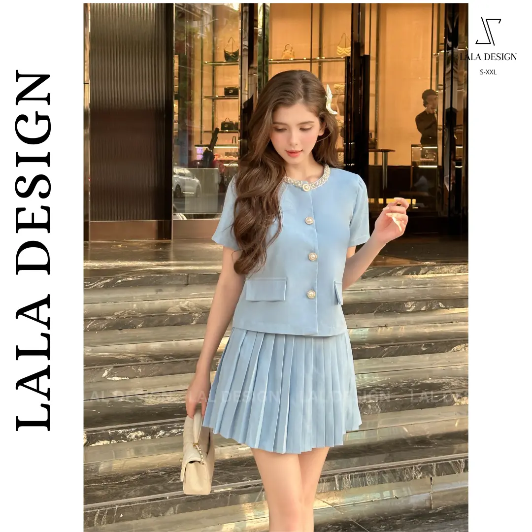 Set áo + chân váy xếp ly phối cổ ngọc tiểu thư màu xanh dương pastel thanh lịch, có BIGSIZE - [LALA DESIGN] Nữ Women Top