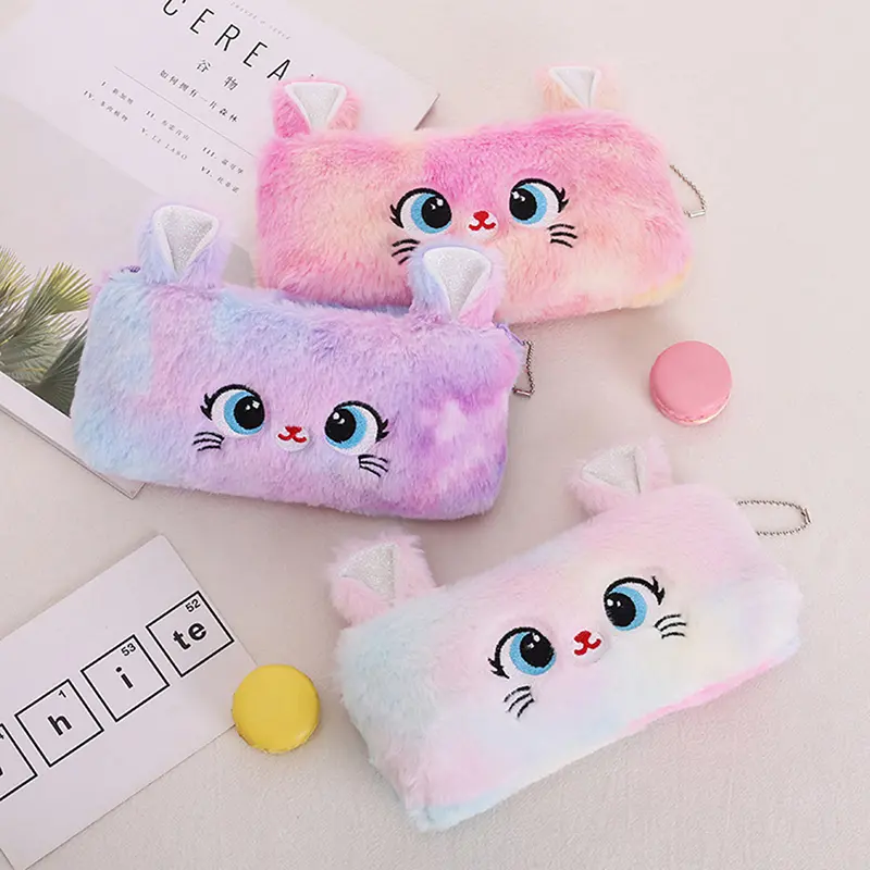 Kawaii - kantung pensel mewah, kucing kartun comel, zip, beg pen gebu berkapasiti besar Office Stationery
