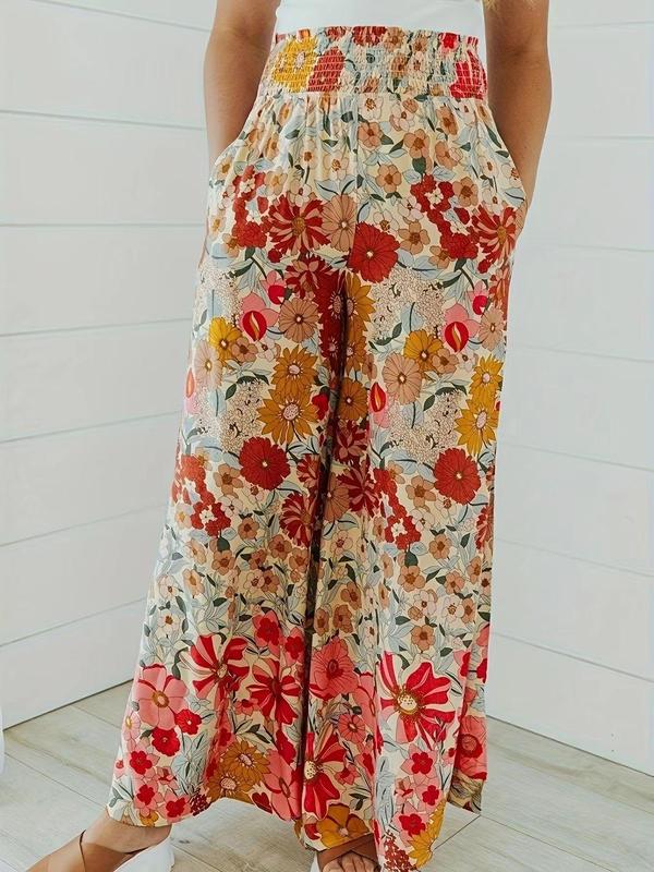 Plus Size Floral Print Shirred Wide Leg Pants, Boho Casual High Waist Trousers for Daily Holiday Vacation Wear, Women's Plus Size Bottoms for Summer 2