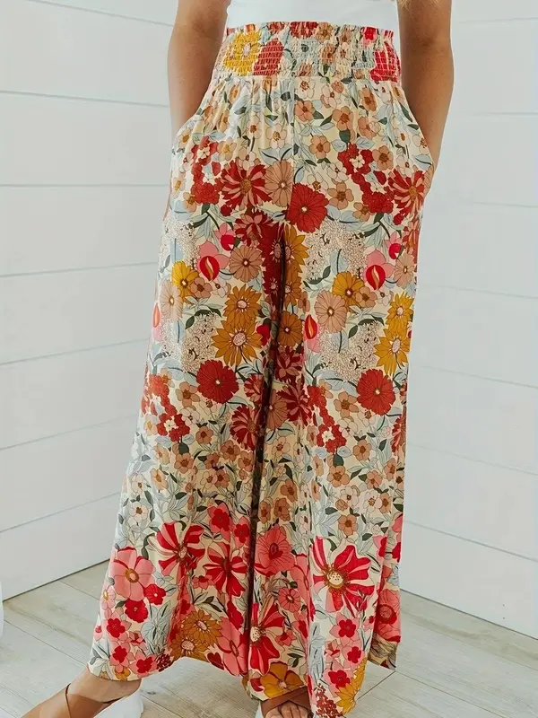 Plus Size Floral Print Shirred Wide Leg Pants, Boho Casual High Waist Trousers for Daily Holiday Vacation Wear, Women's Plus Size Bottoms for Summer 2
