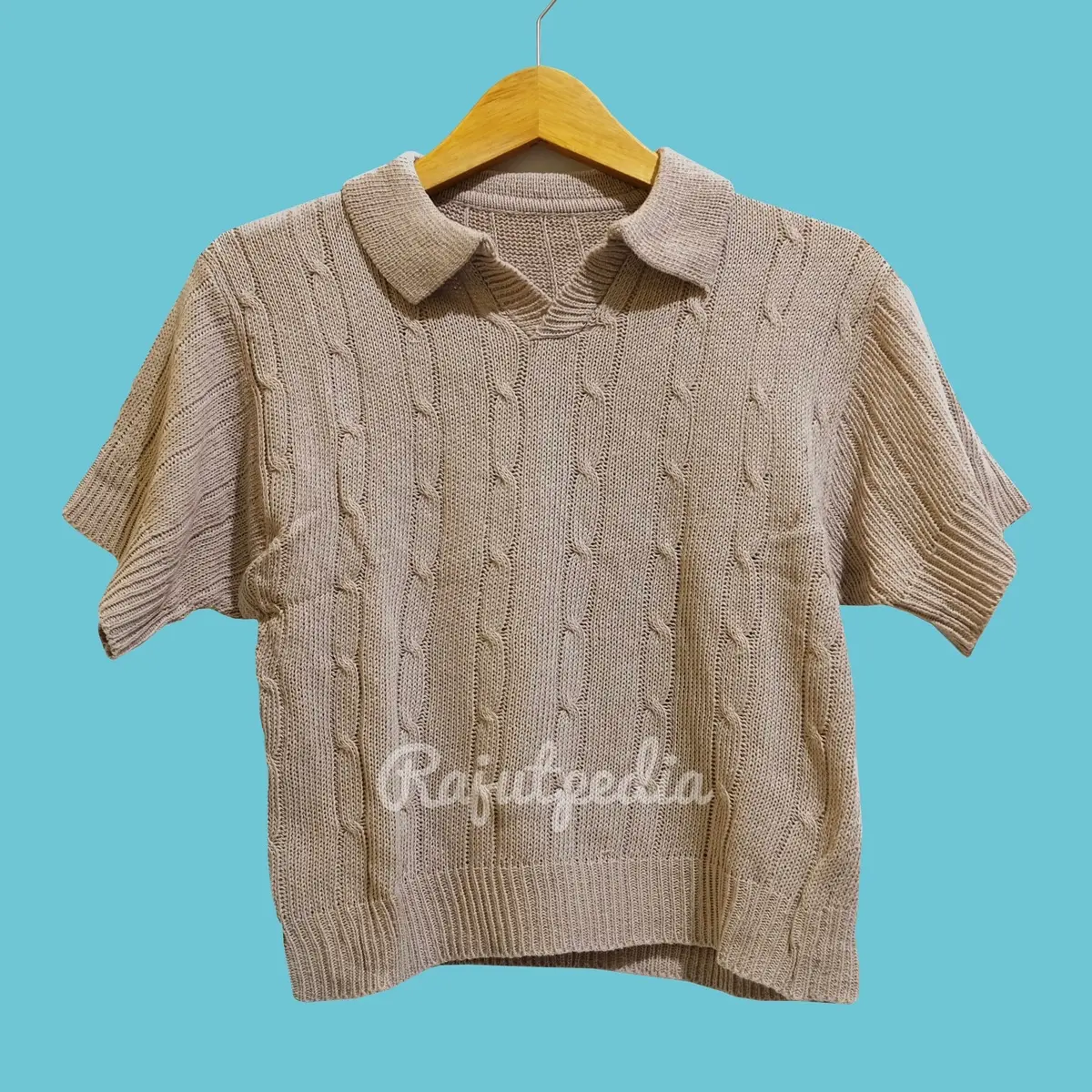 Baju Rajut Wanita Crop Top Tangan Pendek Baju Rajut Cable Kepang Kerah Terbaru Knitwear Lembut