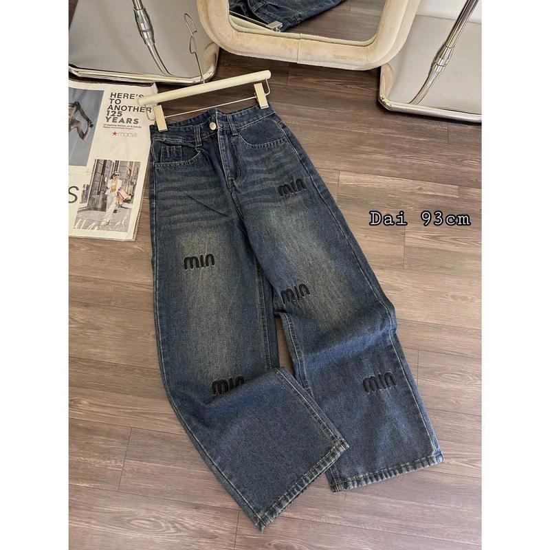 ( 93cm 1m45-1m56 ) SIZE S-XL Quần Jean Suông thêu chữ Vải Cao Cấp. Quần Jean Lưng Cao Ống Rộng Nấm Lùn