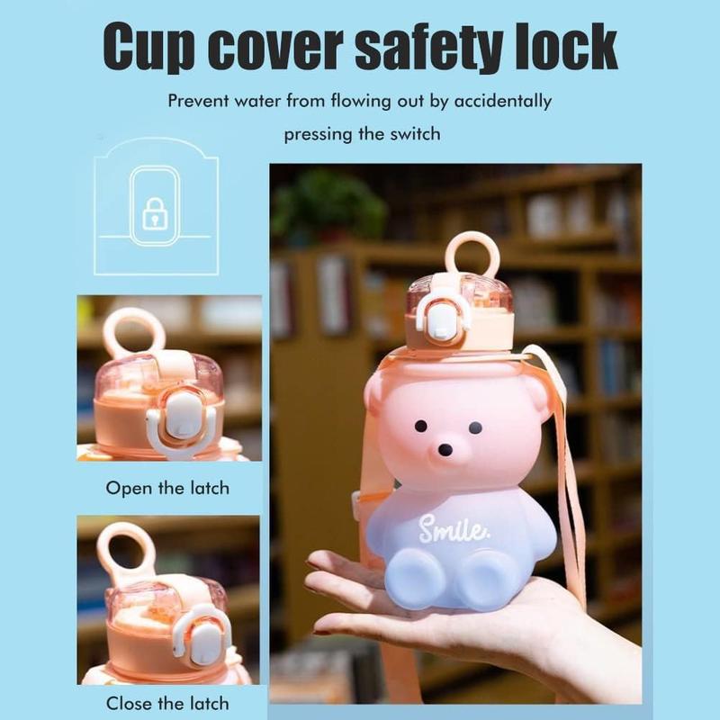 Cartoon Bear Design Water Bottle, Cute Large Capacity Water Drinking Bottle with Straw & Adjustable Strap, Portable Drinking Bottle for Home School Camp Outdoor 4