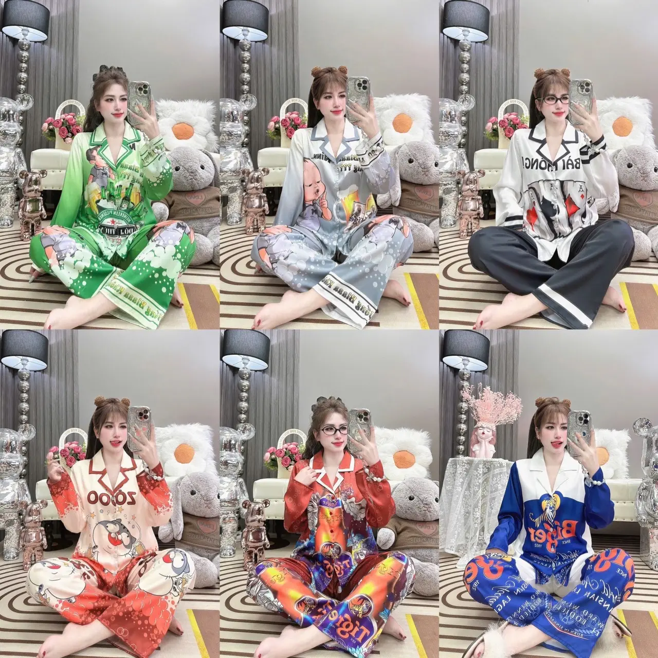 Bộ Lụa Latin Pyjama Nh.ậu Đi /B.ia Xanh /Lá B.ài Có Túi Quần Form 40-60kg
