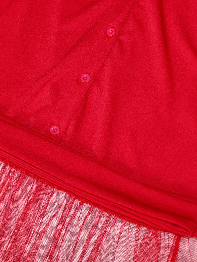 Product Introduction of Women's Plain Ruched Contrast Mesh Frill Trim Long Blouse, Casual Knot Front Puff Sleeve Button Front Top for Summer, Ladies Clothes for Daily Wear Valentine's Day, gift 7