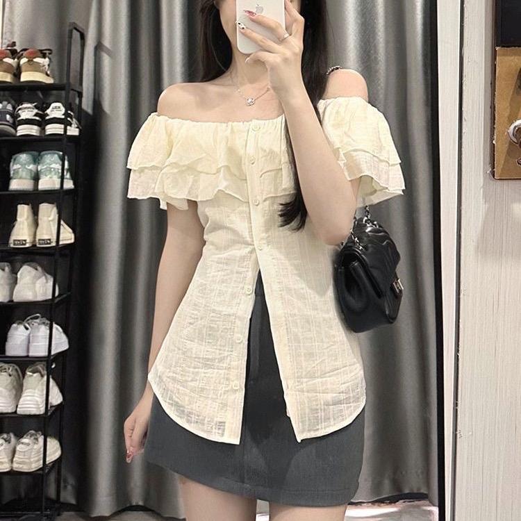 Áo Trễ Vai Phối Bèo Tay Ngắn Chiết Eo sẵn ( ko dây buộc)  , Áo Sơmi Kiểu Nữ Cộc Tay Trễ Vai Siêu nữ tính ( có bigsize) | BigBuy360 - bigbuy360.vn