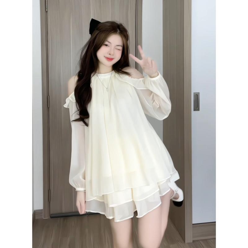 Set tơ bèo hở vai Lisssadress, set áo quần tiểu thư tay dài dilyshop Trơn Trơn Nữ Top, DILYSHOP_ S110