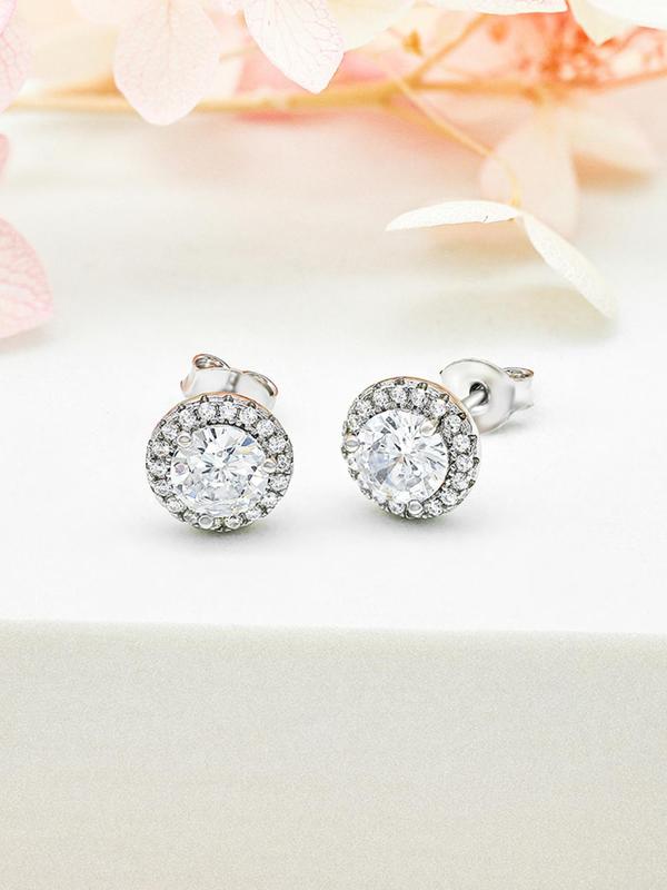925 Sterling Silver Round Shaped Zirconia Decorated Earrings, Fashionable Jewelry for Women & Girls, Trendy All-match & Exquisite Jewelry for Birthday Gift 5