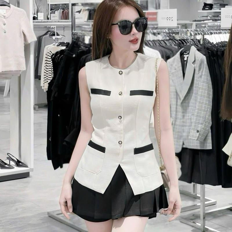 Set áo gilê phối nút kèm chân váy xếp ly chất Lenin gân đi tiệc dạo phố siêu xinh cá tính