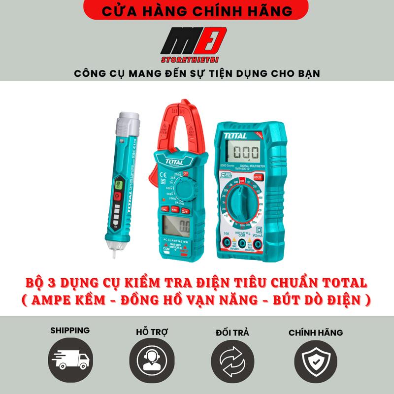 Bộ 3 Dụng Cụ Kiểm Tra Điện Tiêu Chuẩn Total Có Tách Lẻ Ampe Kềm Kĩ Thuật Số Đồng Hồ Đo Điện Vạn Năng Bút Dò Điện