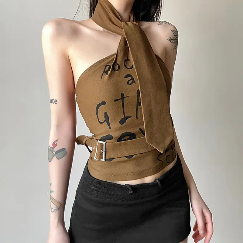 Áo Ba Lỗ Cổ Yếm Dành Cho Nữ, Không Tay, In Chữ, Mỏng Vừa Vặn, Có Thắt Lưng, Áo Sơ Mi Cổ Điển Top Women