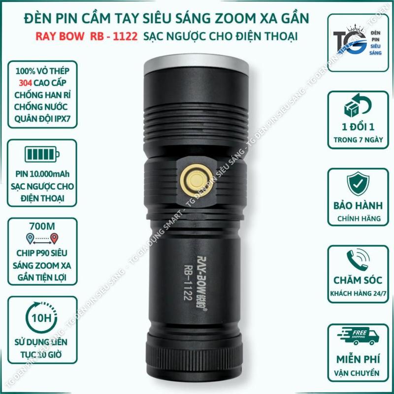 Đèn pin cầm tay siêu sáng Raybow 1122 chiếu xa 650 mét có ZOOM xa gần chống nước sạc ngược cho điện thȯại
