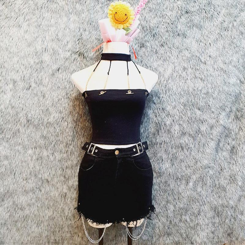 Sét bộ áo ống cổ yếm phối dây xích cộng quần short đai hai bên phối dây xích tua rua lai dễ thương dành cho phái nữ Top ống Women Kaki Ong Voi set đồ đẹp Thun