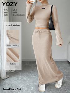 YOZY Women's Letter Patched Mock Neck Tee & Drawstring Skirt Set, Casual Fashion Cozy Two-piece Outfits for Daily Outdoor Wear, Ladies Clothes for All Seasons