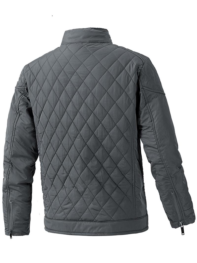 Product Introduction of Men's Solid Pocket Zipper Button Quilted Jacket, Regular Fit Casual Long Sleeve Stand Collar Outerwear for Fall & Winter, Men's Clothes for Daily Wear 9