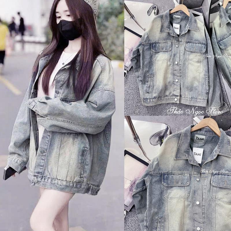 Áo khoác jean nữ trơn tay dài form rộng dài 68cm! THẢO NGỌC STORE Nữ Women Top Bò