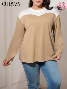 CURVZY Plus Size Colorblock Print Tee, Casual Long Sleeve Round Neck T-shirt for Spring & Fall, Women's Plus Clothing for Daily Wear