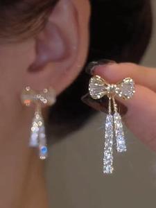 Arete colgantes con decoración de moño, elegantes arete de poste con decoración de diamantes de imitación para mujer, joyería de moda para fiesta, regalo de cumpleaños diario