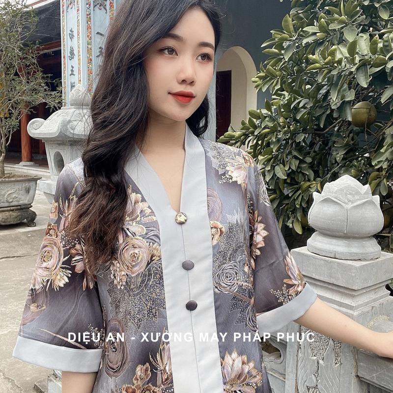 Set Lụa Đi Chùa Cao Cấp Màu Xám Đậm 1
